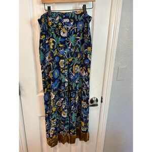 Anthropologie Wide Leg Pants Navy Blue Floral Velvet Trim Boho Trousers bin D